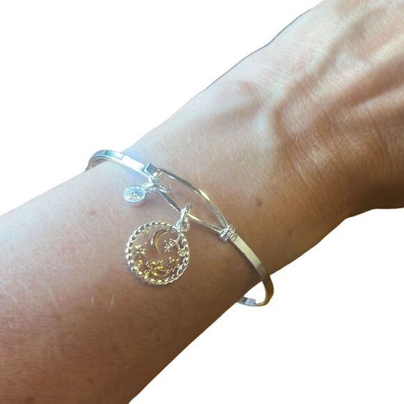 Moon and Stars Silver Tone Gold Accent Charm Hook Closure Fashion Charm Bracelet - Picture 1 of 3